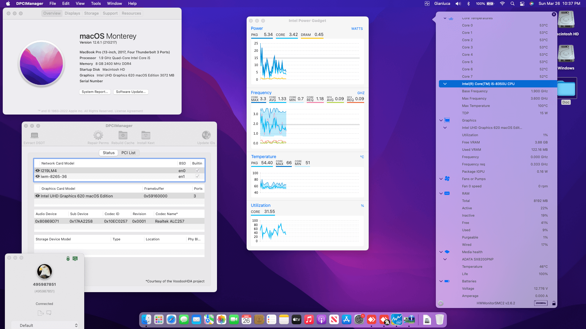 Success Hackintosh macOS Monterey 12.6.1 Build 21G217 in Lenovo Thinkpad T480S